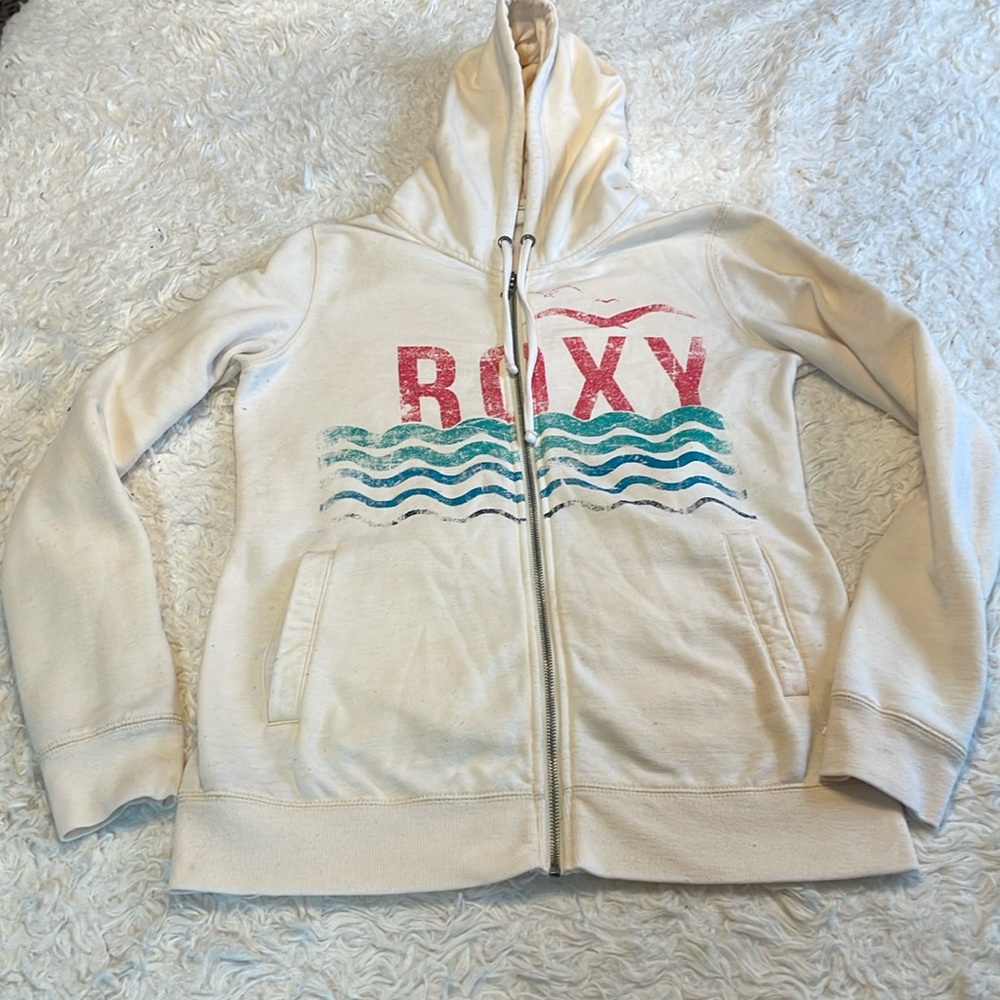 Roxy Women's Cream Zip-Up Hoodie with Wave Graphic (XL but Fits Like L)